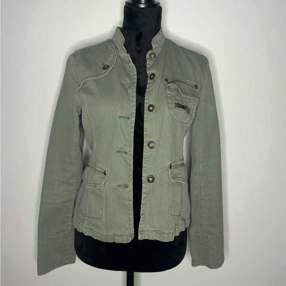 Mossimo Womens Utility Jacket Green Denim Military Button Up Pockets Casual - Picture 4 of 15